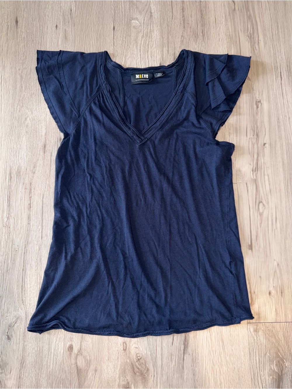 Maeve Dark Navy V-Neck Flutter Sleeve Tee